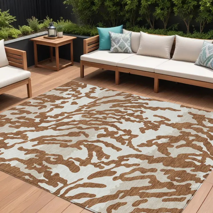 8' X 10' Brown Beige And Ivory Animal Print Washable Indoor Outdoor Area Rug