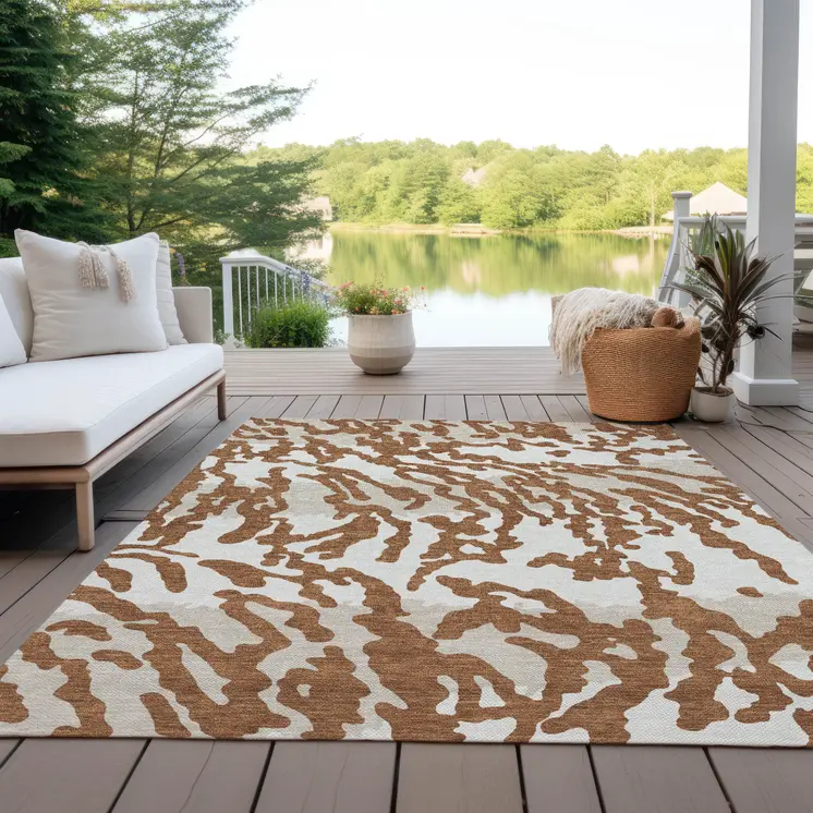 10' X 14' Brown Beige And Ivory Animal Print Washable Indoor Outdoor Area Rug