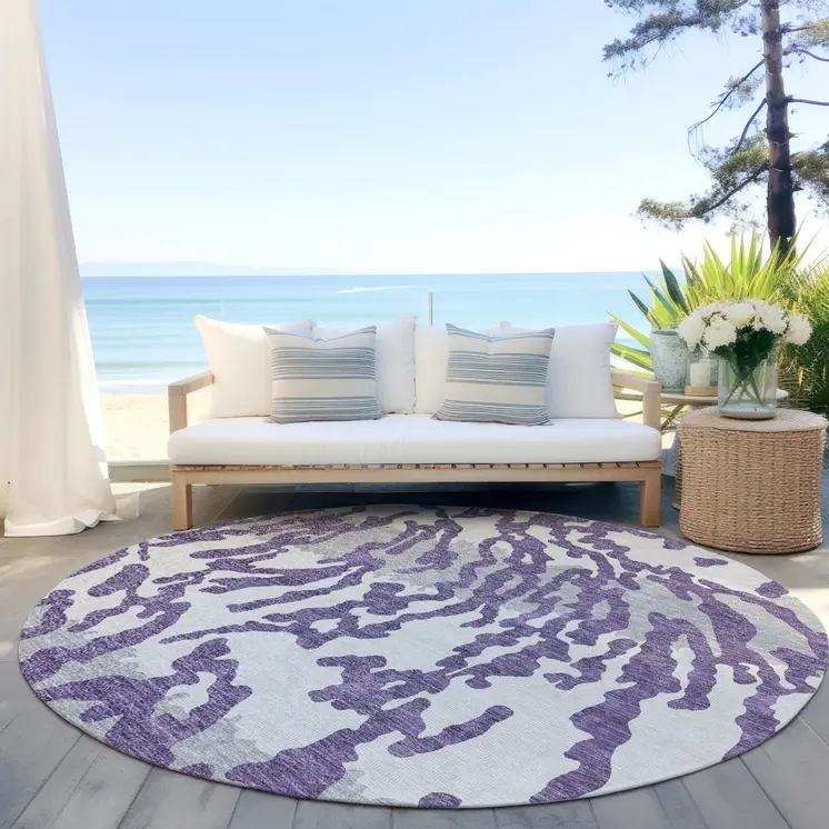 8' Purple Gray And Ivory Round Animal Print Washable Indoor Outdoor Area Rug
