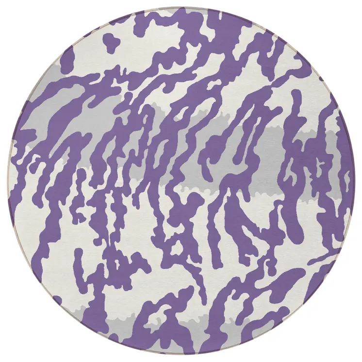 8' Purple Gray And Ivory Round Animal Print Washable Indoor Outdoor Area Rug