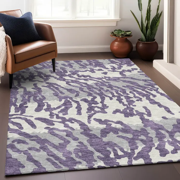 10' X 14' Purple Gray And Ivory Animal Print Washable Indoor Outdoor Area Rug