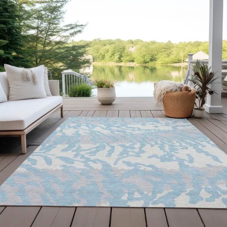 5' X 8' Sky Blue Gray And Ivory Animal Print Washable Indoor Outdoor Area Rug