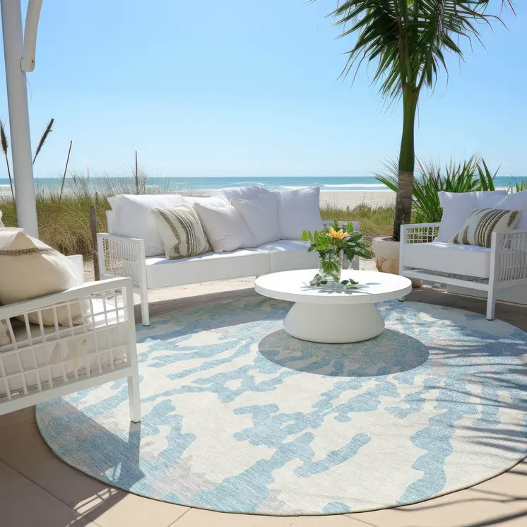 8' Sky Blue Gray And Ivory Round Animal Print Washable Indoor Outdoor Area Rug