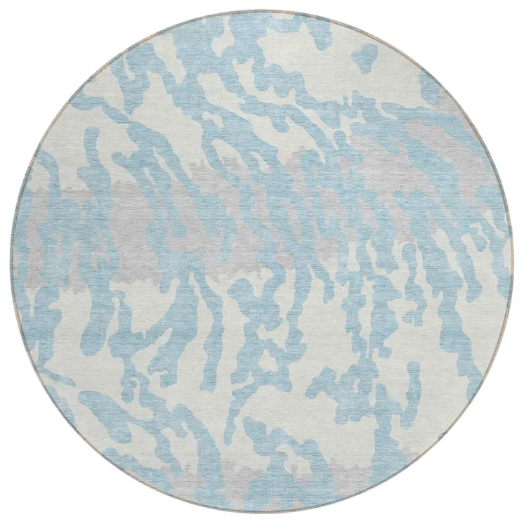 8' Sky Blue Gray And Ivory Round Animal Print Washable Indoor Outdoor Area Rug