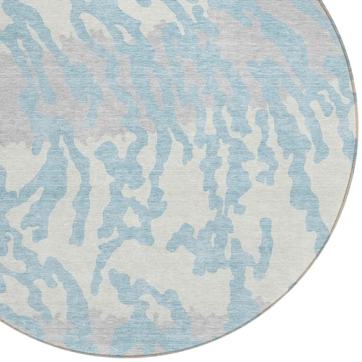8' Sky Blue Gray And Ivory Round Animal Print Washable Indoor Outdoor Area Rug