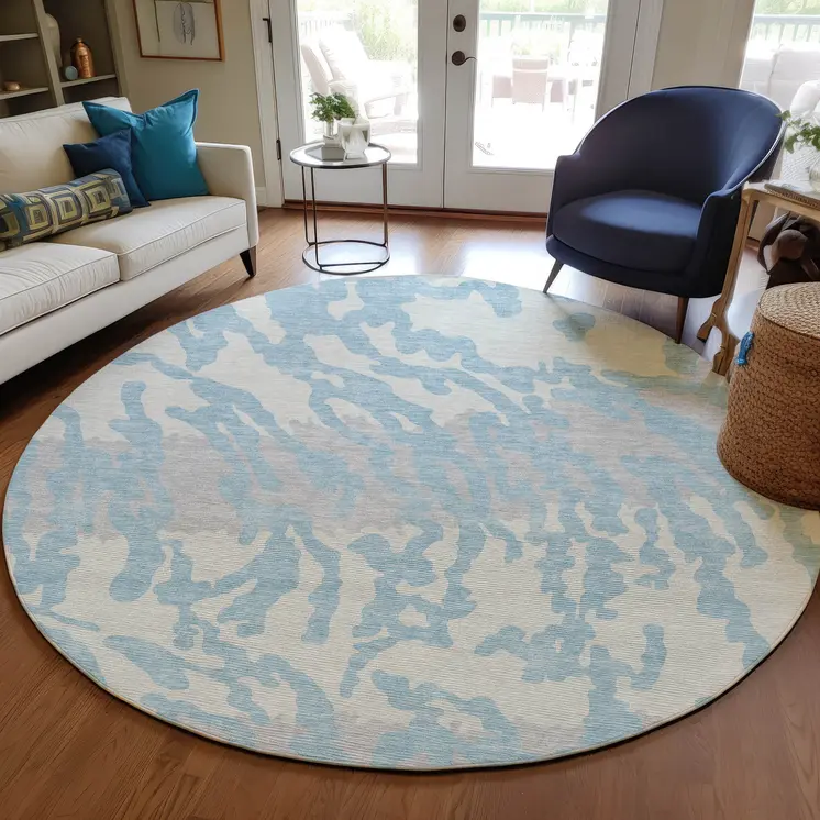 8' Sky Blue Gray And Ivory Round Animal Print Washable Indoor Outdoor Area Rug