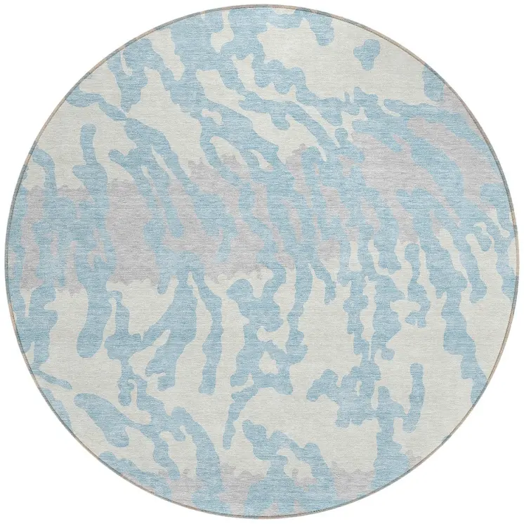 8' Sky Blue Gray And Ivory Round Animal Print Washable Indoor Outdoor Area Rug