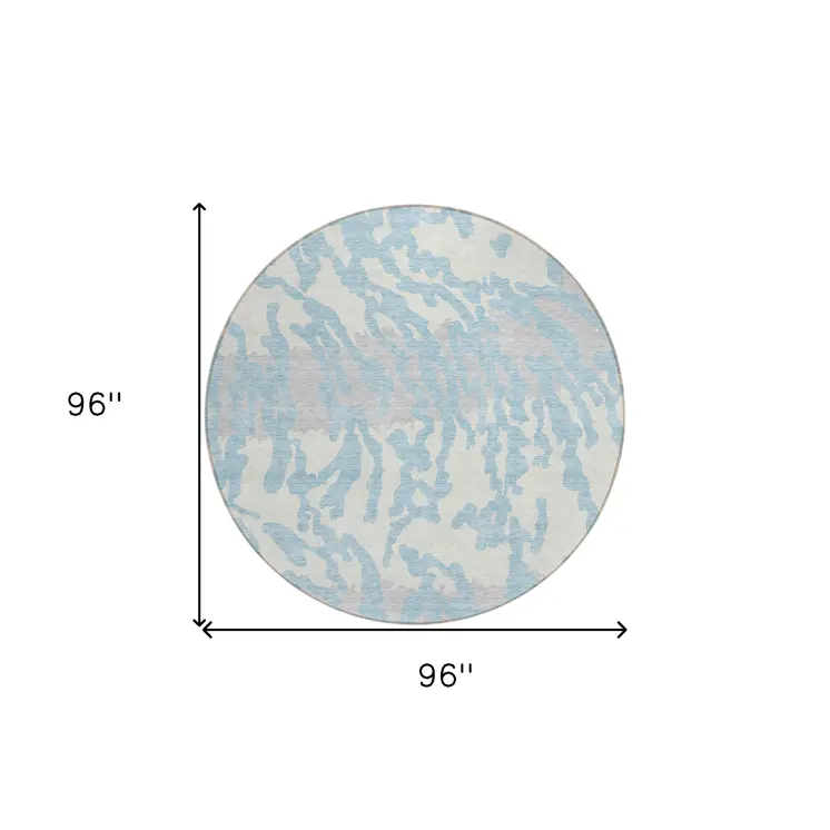 8' Sky Blue Gray And Ivory Round Animal Print Washable Indoor Outdoor Area Rug