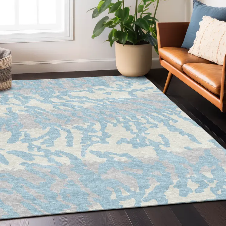8' X 10' Sky Blue Gray And Ivory Animal Print Washable Indoor Outdoor Area Rug