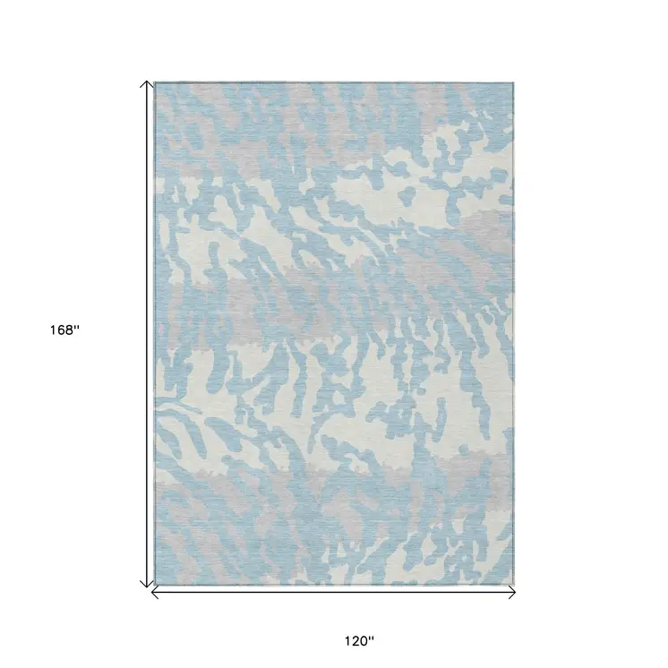 10' X 14' Sky Blue Gray And Ivory Animal Print Washable Indoor Outdoor Area Rug