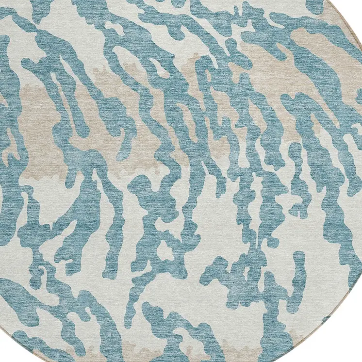 8' Teal Blue Beige And Ivory Round Animal Print Washable Indoor Outdoor Area Rug