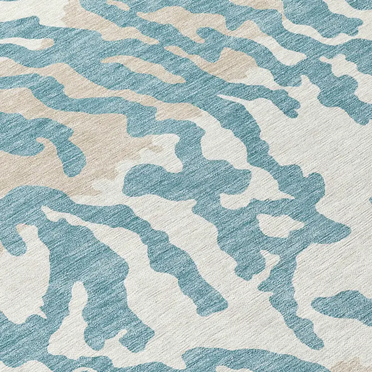 8' Teal Blue Beige And Ivory Round Animal Print Washable Indoor Outdoor Area Rug