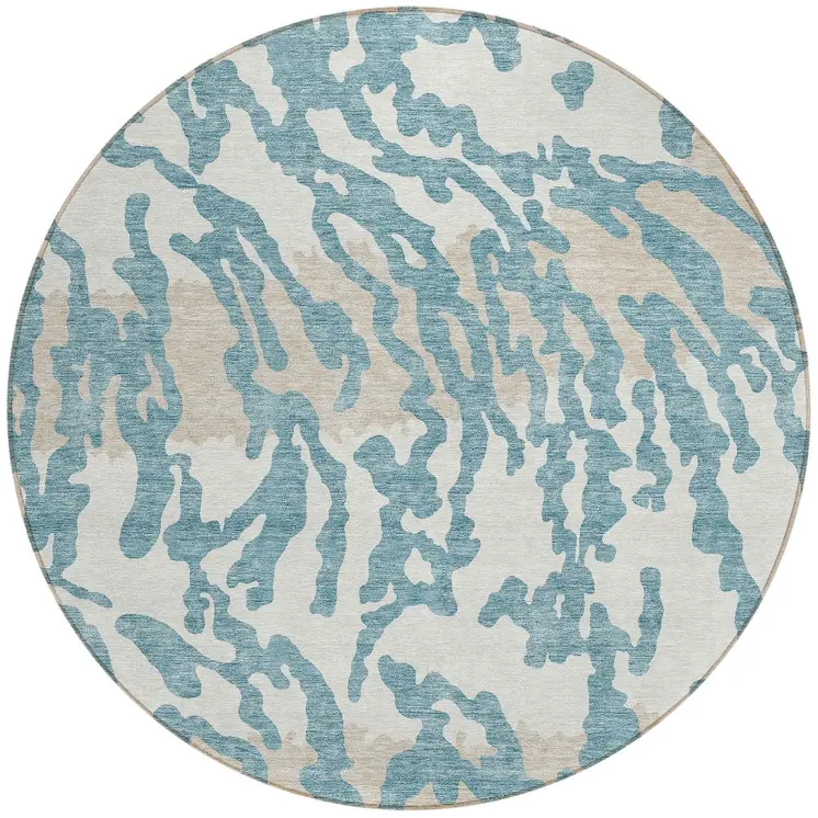 8' Teal Blue Beige And Ivory Round Animal Print Washable Indoor Outdoor Area Rug