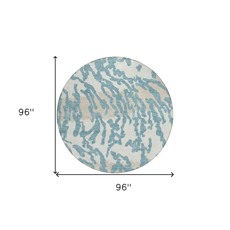 8' Teal Blue Beige And Ivory Round Animal Print Washable Indoor Outdoor Area Rug