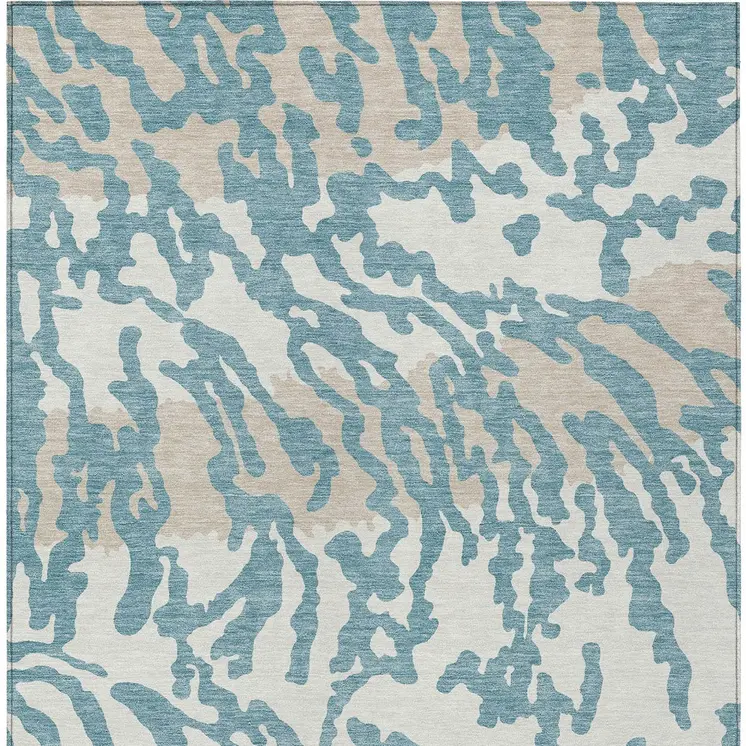 8' X 10' Teal Blue Beige And Ivory Animal Print Washable Indoor Outdoor Area Rug