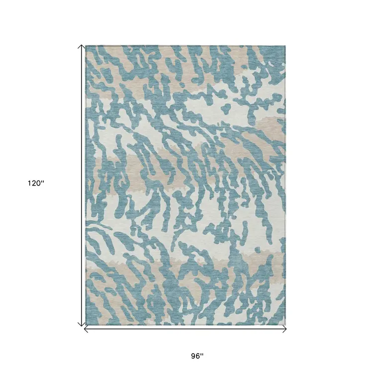 8' X 10' Teal Blue Beige And Ivory Animal Print Washable Indoor Outdoor Area Rug