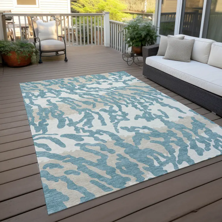 8' X 10' Teal Blue Beige And Ivory Animal Print Washable Indoor Outdoor Area Rug