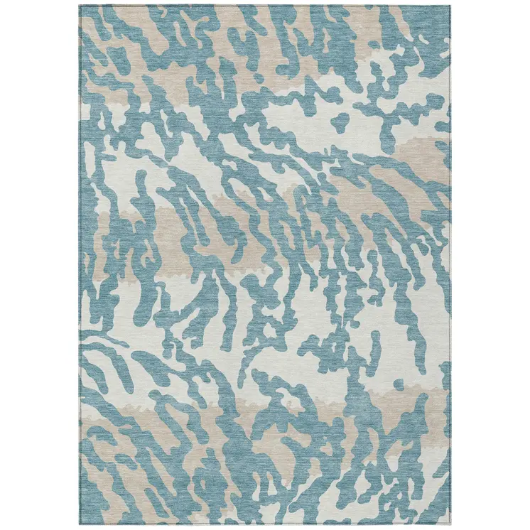 8' X 10' Teal Blue Beige And Ivory Animal Print Washable Indoor Outdoor Area Rug