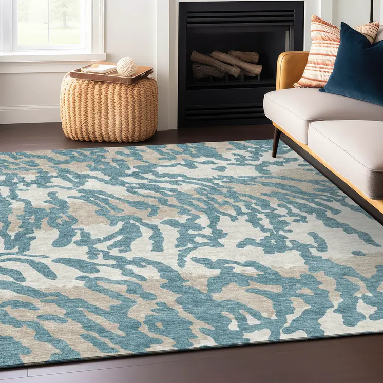 8' X 10' Teal Blue Beige And Ivory Animal Print Washable Indoor Outdoor Area Rug
