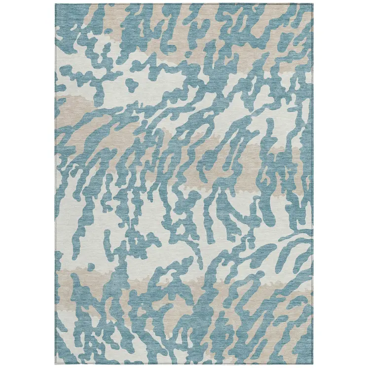 9' X 12' Teal Blue Beige And Ivory Animal Print Washable Indoor Outdoor Area Rug