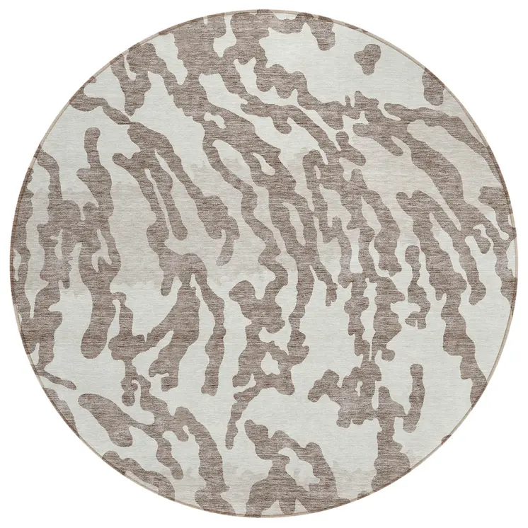 8' Taupe Brown And Ivory Round Animal Print Washable Indoor Outdoor Area Rug