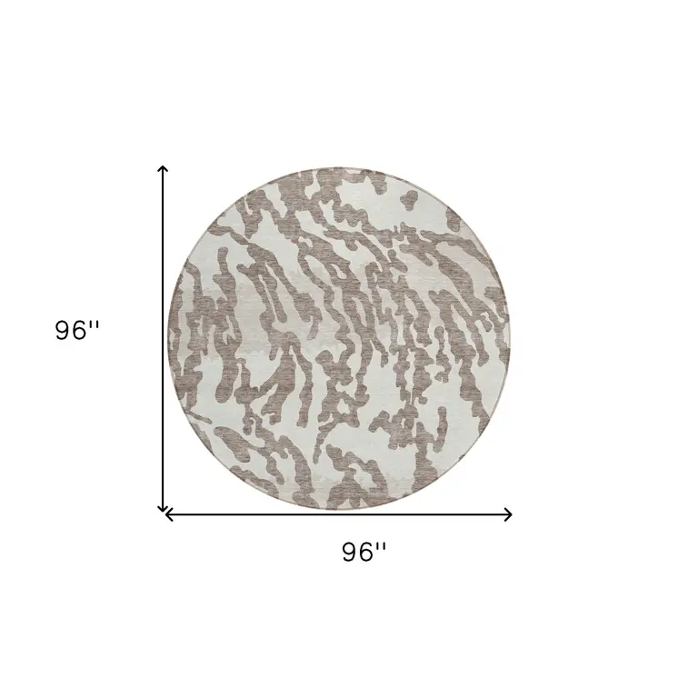 8' Taupe Brown And Ivory Round Animal Print Washable Indoor Outdoor Area Rug