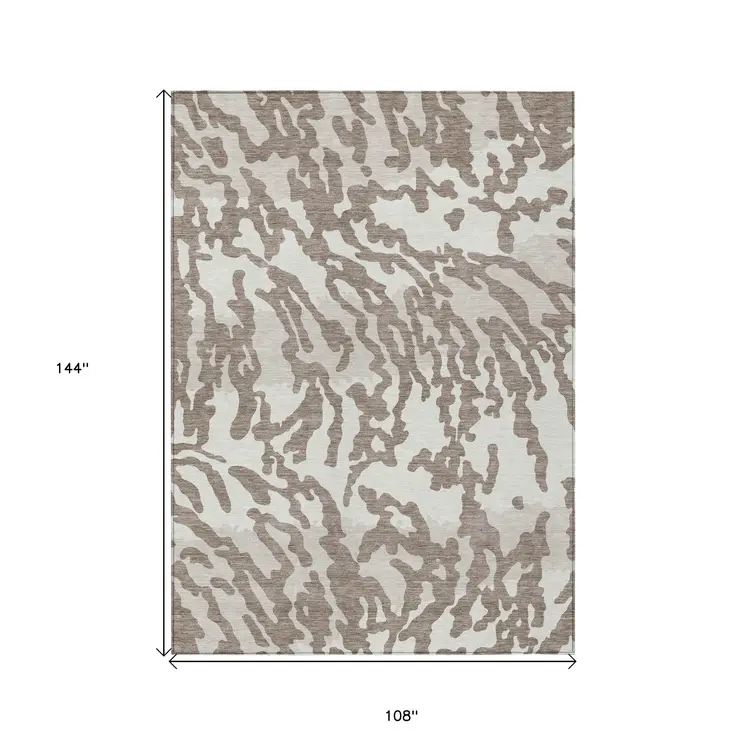 9' X 12' Taupe Brown And Ivory Animal Print Washable Indoor Outdoor Area Rug