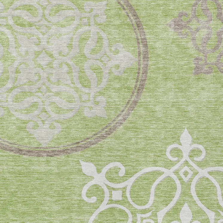 3' X 5' Artichoke Green Brown And Ivory Floral Medallion Washable Indoor Outdoor Area Rug