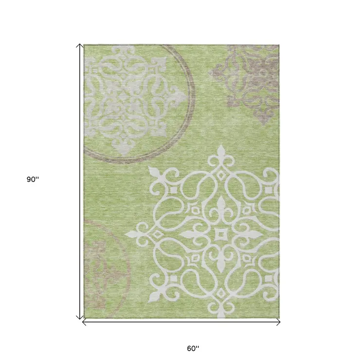 5' X 8' Artichoke Green Brown And Ivory Floral Medallion Washable Indoor Outdoor Area Rug