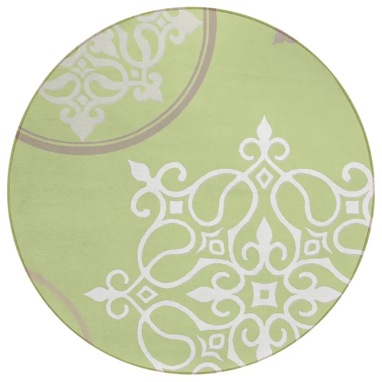 8' Artichoke Green Brown And Ivory Round Floral Medallion Washable Indoor Outdoor Area Rug