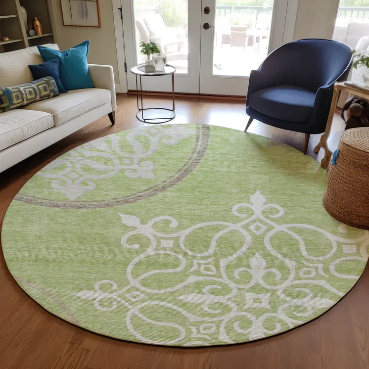 8' Artichoke Green Brown And Ivory Round Floral Medallion Washable Indoor Outdoor Area Rug