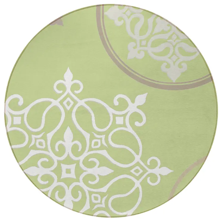 8' Artichoke Green Brown And Ivory Round Floral Medallion Washable Indoor Outdoor Area Rug