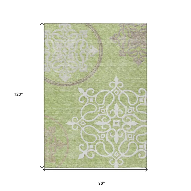 8' X 10' Artichoke Green Brown And Ivory Floral Medallion Washable Indoor Outdoor Area Rug