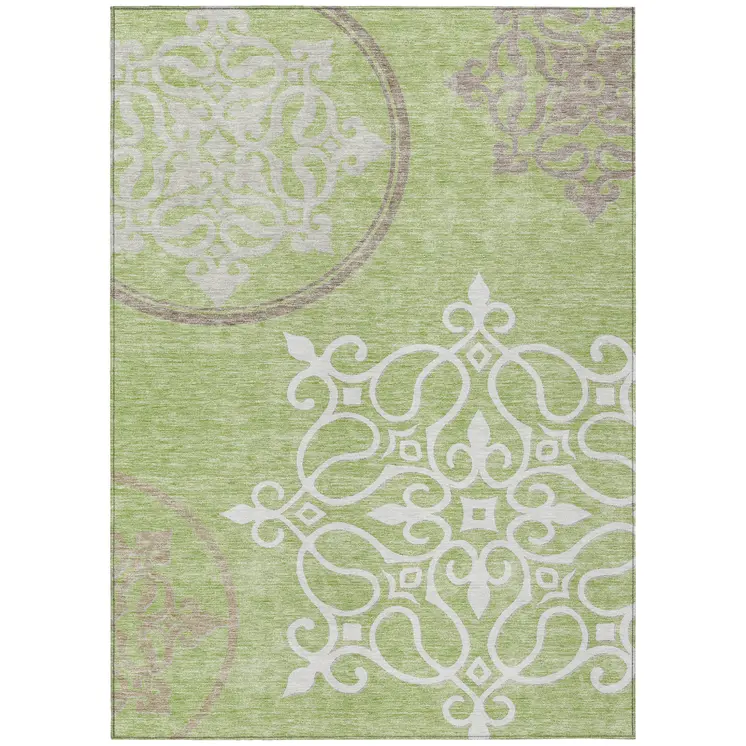 8' X 10' Artichoke Green Brown And Ivory Floral Medallion Washable Indoor Outdoor Area Rug
