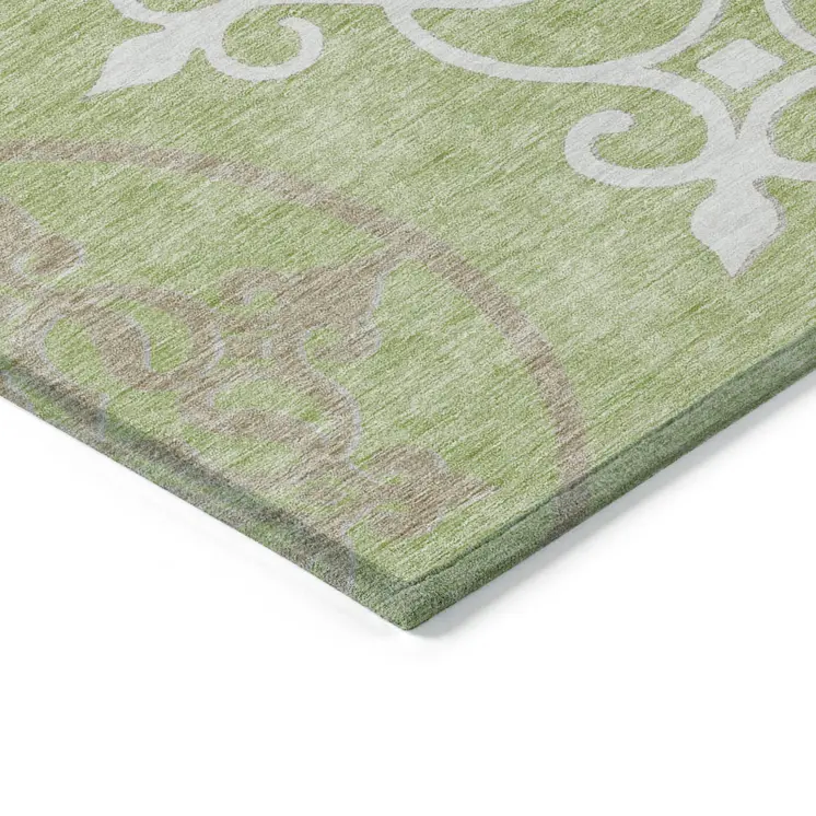 8' X 10' Artichoke Green Brown And Ivory Floral Medallion Washable Indoor Outdoor Area Rug