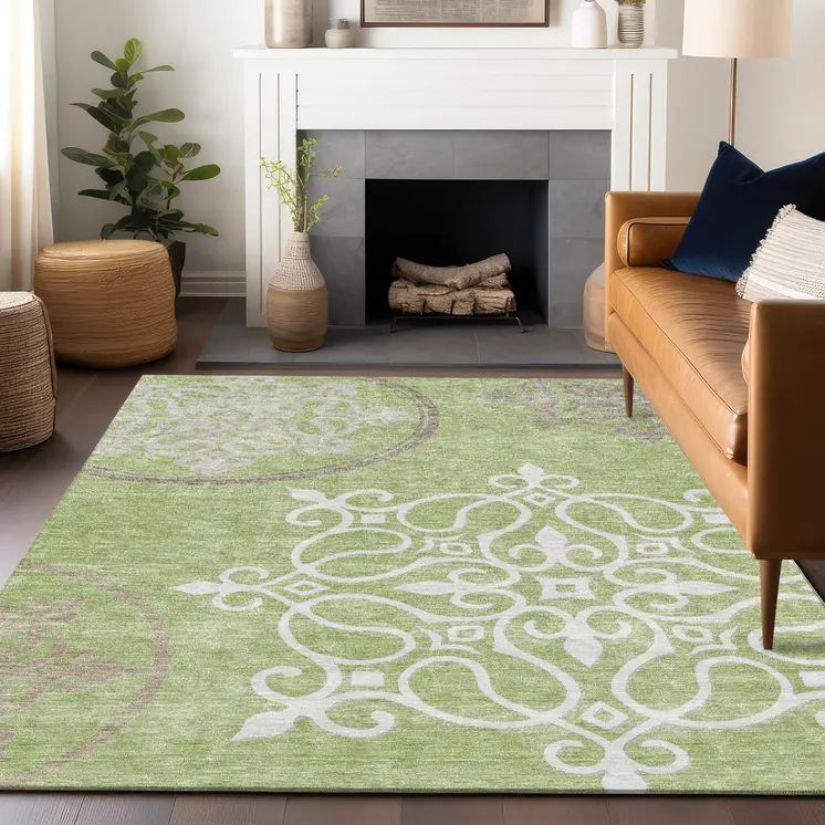 8' X 10' Artichoke Green Brown And Ivory Floral Medallion Washable Indoor Outdoor Area Rug