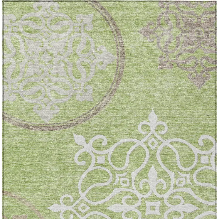 9' X 12' Artichoke Green Brown And Ivory Floral Medallion Washable Indoor Outdoor Area Rug