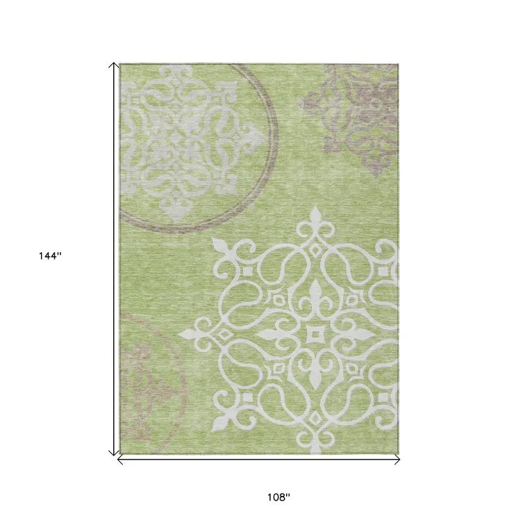 9' X 12' Artichoke Green Brown And Ivory Floral Medallion Washable Indoor Outdoor Area Rug