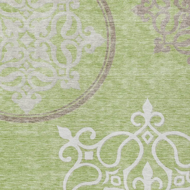 9' X 12' Artichoke Green Brown And Ivory Floral Medallion Washable Indoor Outdoor Area Rug