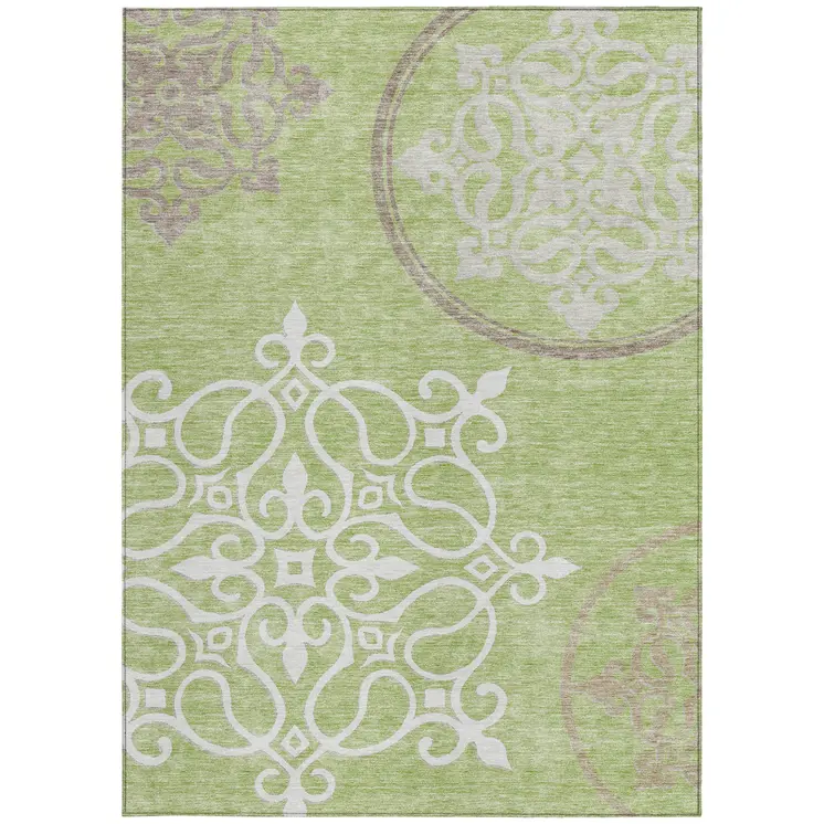 10' X 14' Artichoke Green Brown And Ivory Floral Medallion Washable Indoor Outdoor Area Rug