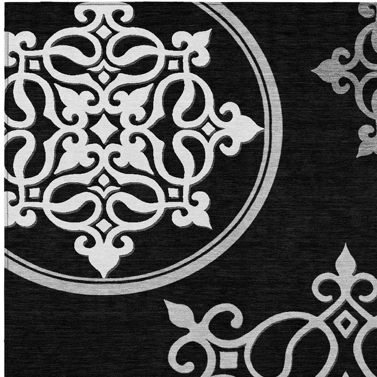 3' X 5' Black Floral Medallion Washable Indoor Outdoor Area Rug