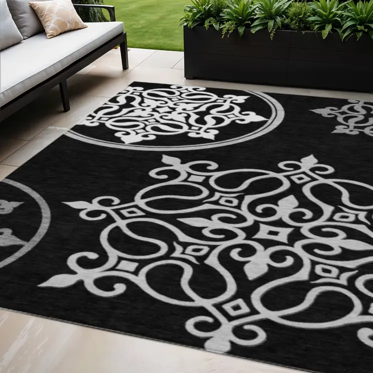 5' X 8' Black Floral Medallion Washable Indoor Outdoor Area Rug