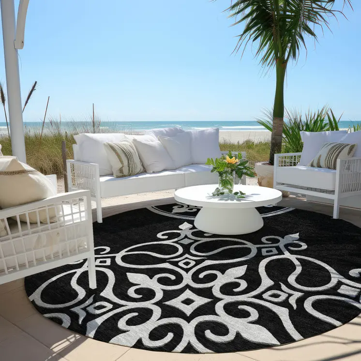 8' Black Round Floral Medallion Washable Indoor Outdoor Area Rug