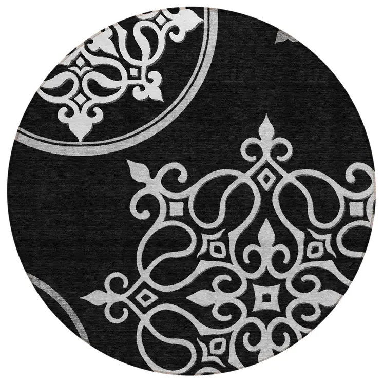 8' Black Round Floral Medallion Washable Indoor Outdoor Area Rug