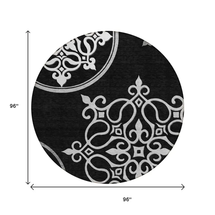 8' Black Round Floral Medallion Washable Indoor Outdoor Area Rug