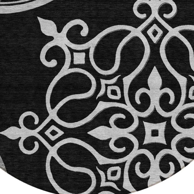 8' Black Round Floral Medallion Washable Indoor Outdoor Area Rug