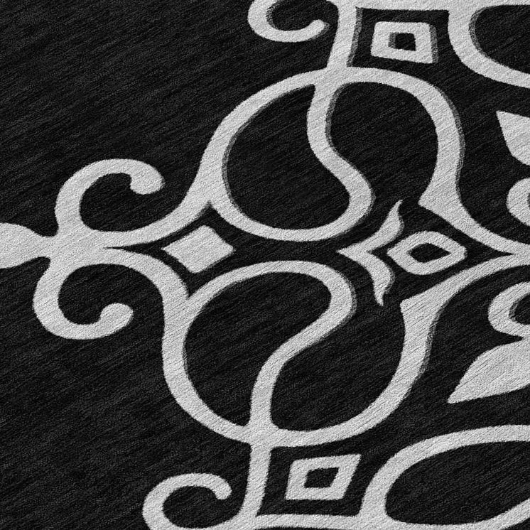 8' Black Round Floral Medallion Washable Indoor Outdoor Area Rug