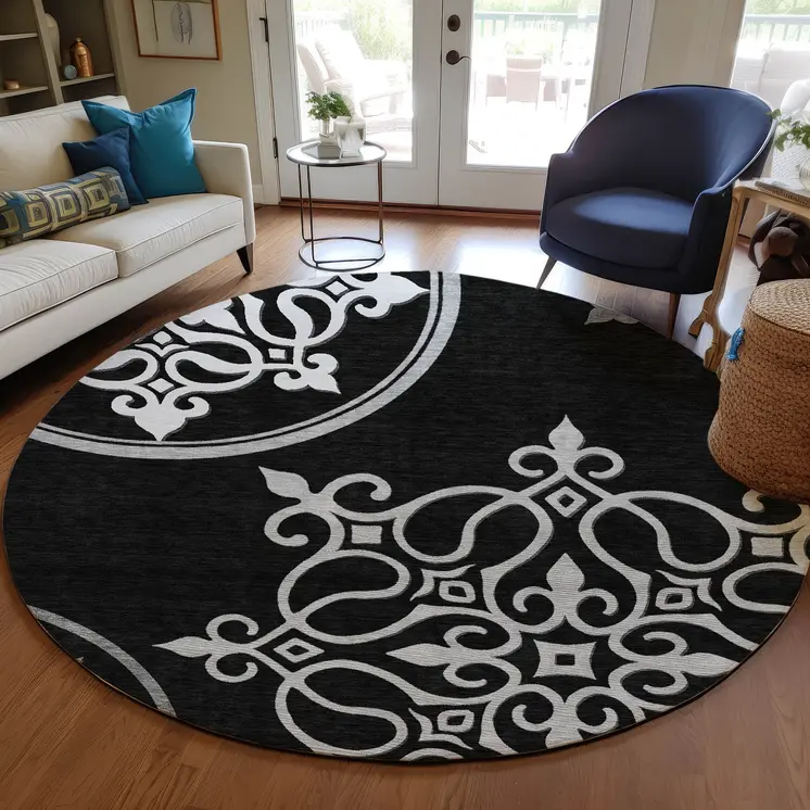 8' Black Round Floral Medallion Washable Indoor Outdoor Area Rug