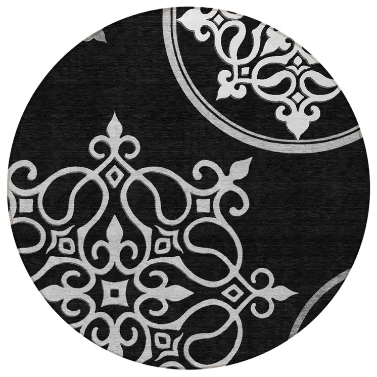 8' Black Round Floral Medallion Washable Indoor Outdoor Area Rug