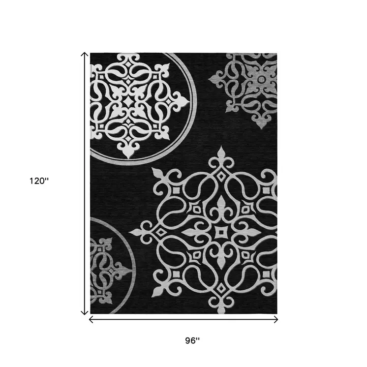 8' X 10' Black Floral Medallion Washable Indoor Outdoor Area Rug